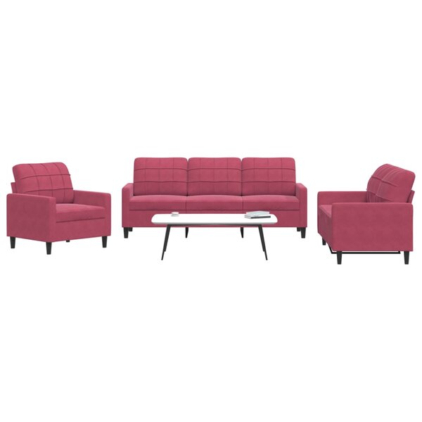 3-delige Loungeset met kussens fluweel wijnrood
