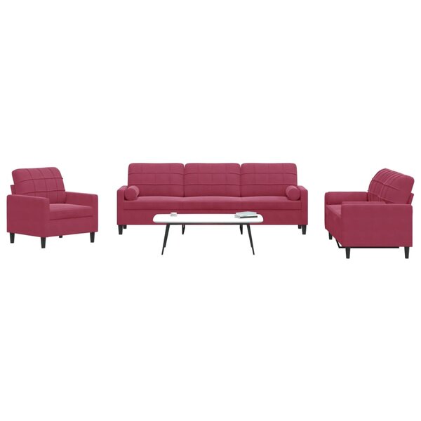 3-Delige Loungeset En Bolsters Fluweel Wijnrood met kussens