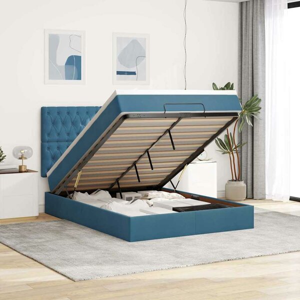 Ottoman Bed Met Matrassen En Led&#039;s 140X200Cm Fluweel 140 x 200 cm Donkerblauw