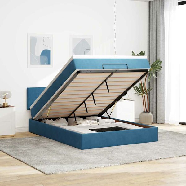 Ottoman Bed Met Matras En Led&#039;s 140X200Cm Fluweel 140 x 200 cm Donkerblauw
