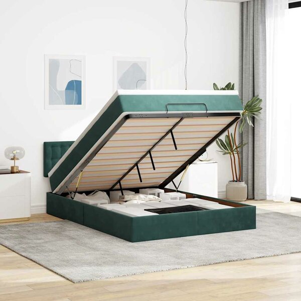 Ottoman Bed Met Matras En Led&#039;s 140X190Cm Fluweel 140 x 190 cm Donkergroen