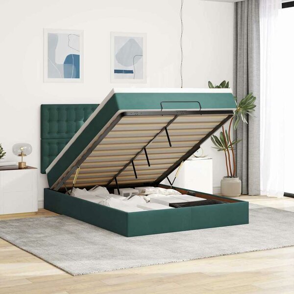 Ottoman Bed Met Matrassen En Led&#039;s 140X190Cm Fluweel 140 x 190 cm Donkergroen