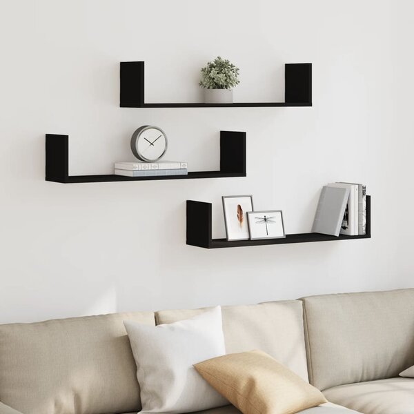 Wandschappen 3 St Bewerkt Hout 80 x 18 x 18 cm Zwart