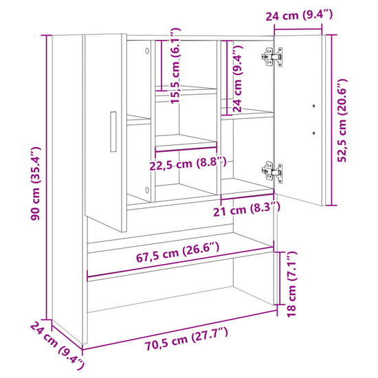 Wasmachinekast 70,5X24X90 Cm Kleurig Sonoma eiken