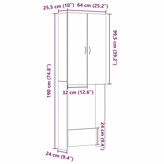 Wasmachinekast 64x25,5x190 cm zwart eikenkleur