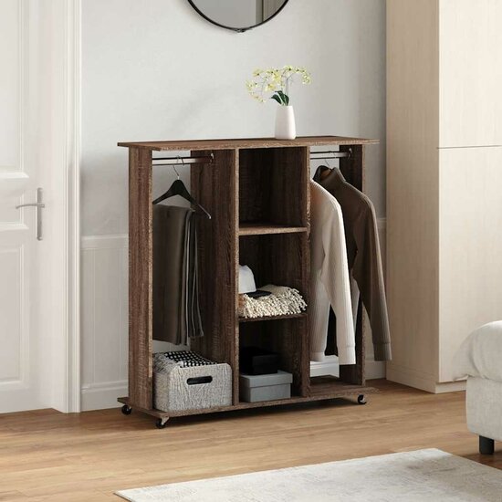 Kledingkast Met Wielen 102X38X110 Cm Bewerkt Hout Bruin Eiken bruin eikenkleur