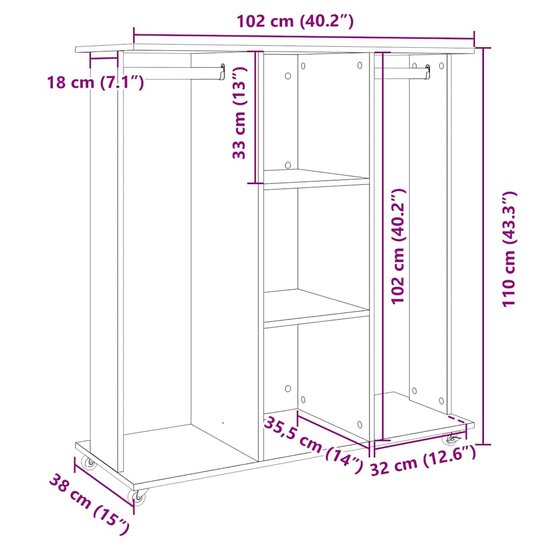 Kledingkast Met Wielen 102X38X110 Cm Bewerkt Hout Bruin Eiken bruin eikenkleur