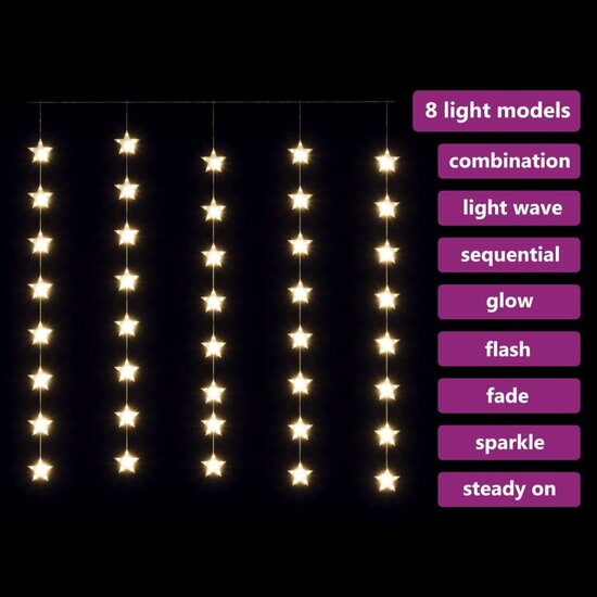 Lichtsnoergordijn sterren met 200 LED&#039;s en 8 functies warmwit