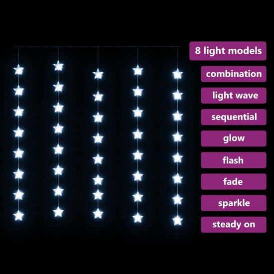 Lichtsnoergordijn sterren met 200 LED&#039;s en 8 functies koudwit