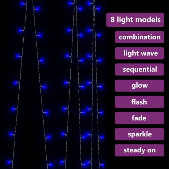 Lichtsnoergordijn met 300 LED&#039;s en 8 functies 3x3 m blauw