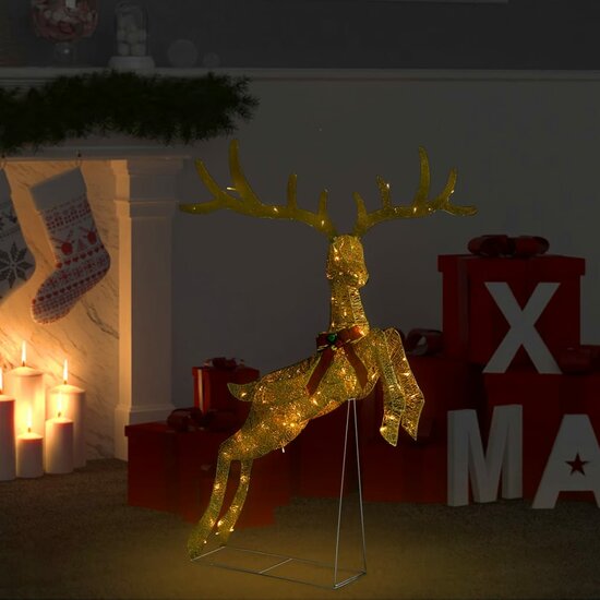 Kerstversiering vliegend rendier warmwit 120 LED&#039;s goudkleurig