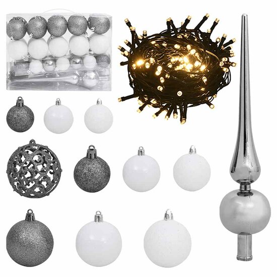 61-delige Kerstballenset met piek en 150 LED&#039;s wit en grijs