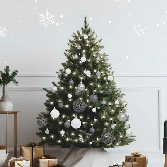61-delige Kerstballenset met piek en 150 LED&#039;s wit en grijs