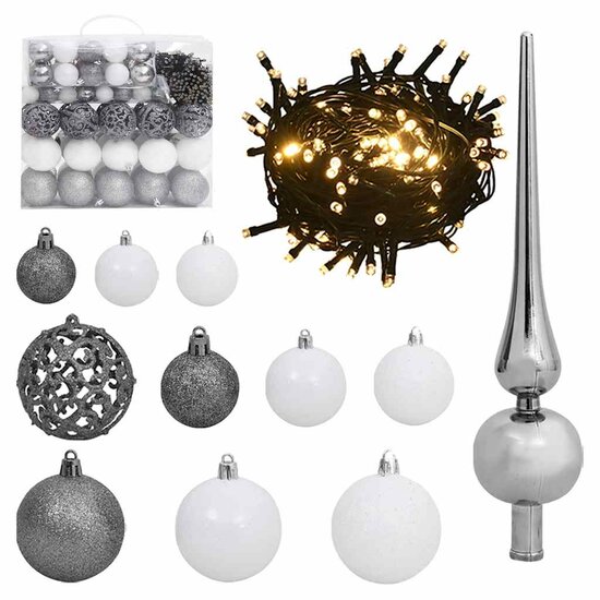 120-delige Kerstballenset met piek en 300 LED&#039;s wit en grijs