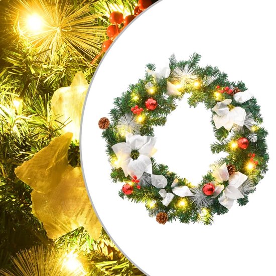 Kerstkrans Met Led Lampjes 60 Cm Pvc Groen Groen &amp; wit