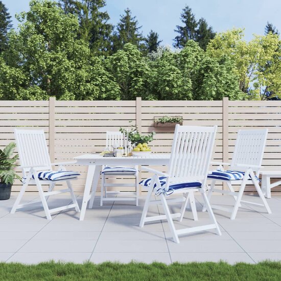 Stoelkussens 4 st gestreept 40x40x7 cm stof wit en blauw