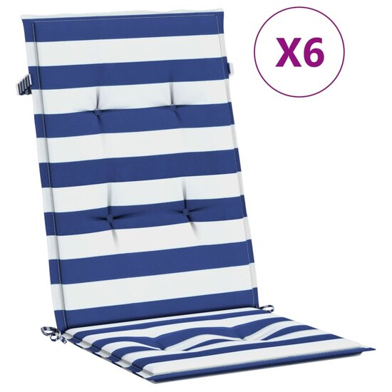 Stoelkussens 6 st hoge rug gestreept stof wit en blauw