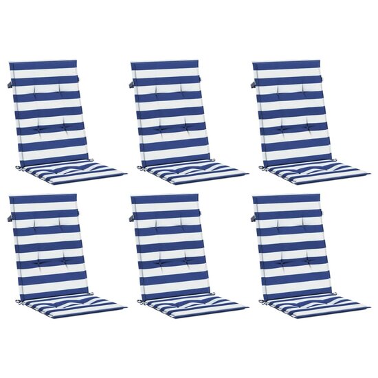 Stoelkussens 6 st hoge rug gestreept stof wit en blauw