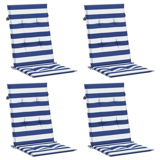 Stoelkussens 4 st hoge rug stof gestreept wit en blauw
