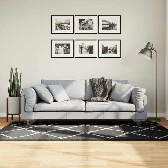 Vloerkleed Shaggy Hoogpolig Modern Zwart En Cr&egrave;me 100 x 200 cm