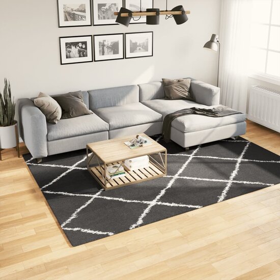 Vloerkleed Shaggy Hoogpolig Modern Zwart En Cr&egrave;me 200 x 280 cm