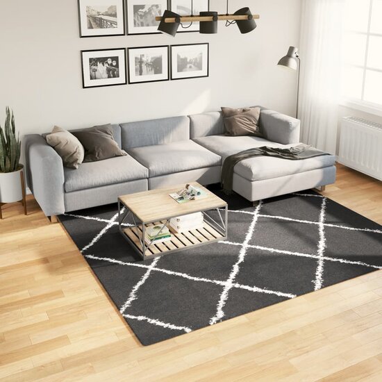Vloerkleed Shaggy Hoogpolig Modern Zwart En Cr&egrave;me 240 x 240 cm