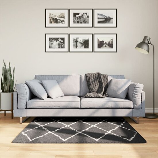 Vloerkleed Pamplona Shaggy Hoogpolig Zwart En Cr&egrave;me 120 x 120 cm