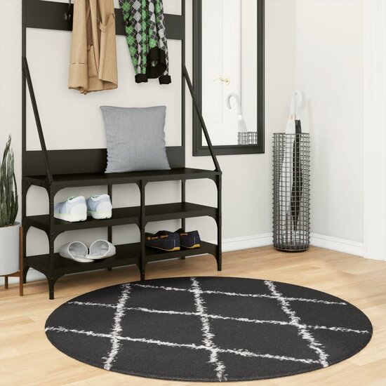 Vloerkleed Pamplona Shaggy Hoogpolig Zwart En Cr&egrave;me &Oslash; 120 cm