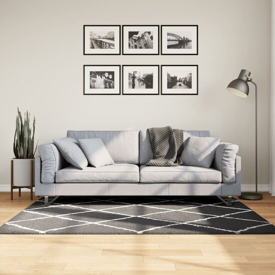 Vloerkleed shaggy hoogpolig modern 120x170 cm zwart en cr&egrave;me
