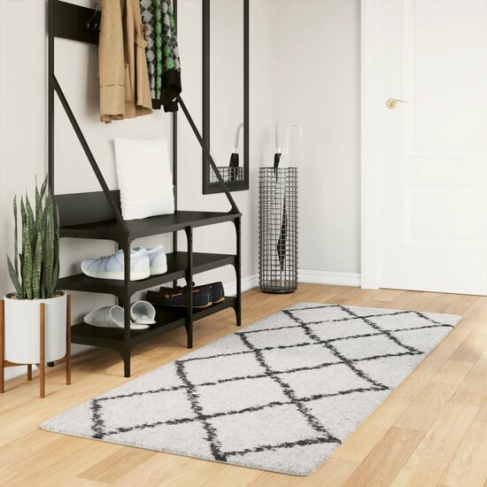 Vloerkleed Shaggy Hoogpolig Modern Cr&egrave;me En Cr&egrave;mekleurig En Zwart 80 x 200 cm