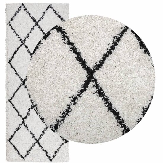 Vloerkleed Shaggy Hoogpolig Modern Cr&egrave;me En Cr&egrave;mekleurig En Zwart 80 x 200 cm