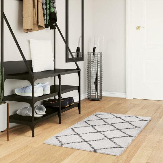 Vloerkleed Shaggy Hoogpolig Modern Cr&egrave;me En Cr&egrave;mekleurig En Zwart 60 x 110 cm
