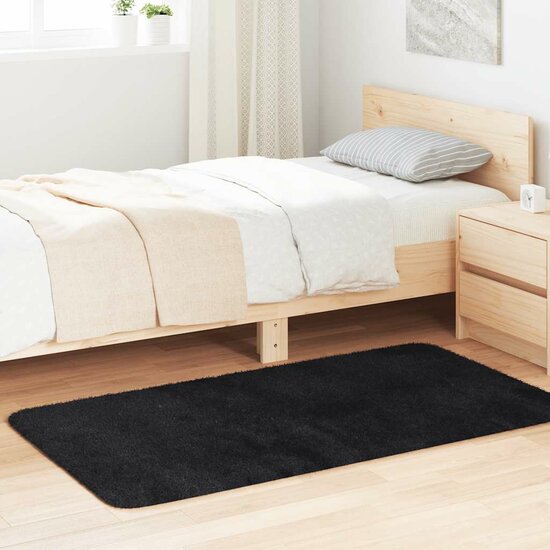 Hoogpolig Vloerkleed Navarra Polyester Zwart 80 x 150 cm Rechthoekig