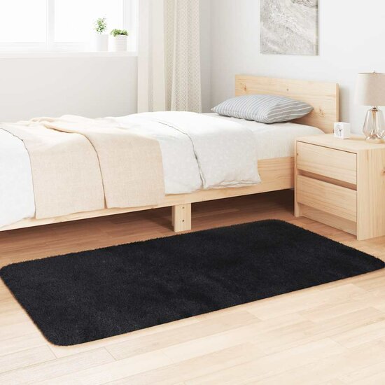 Hoogpolig Vloerkleed Navarra Polyester Zwart 80 x 150 cm Rechthoekig