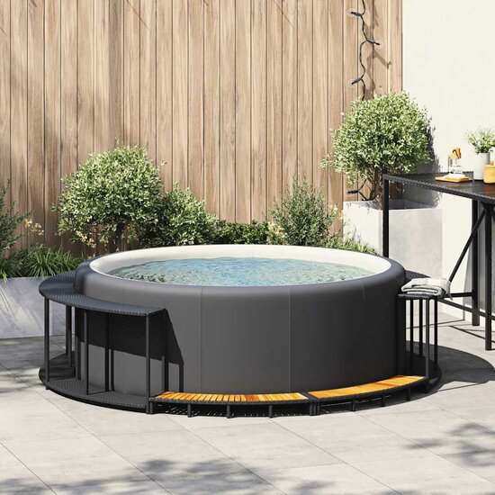 Hottub Surround Opbergruimte Houten Opstapje Poly Rattan Zwart