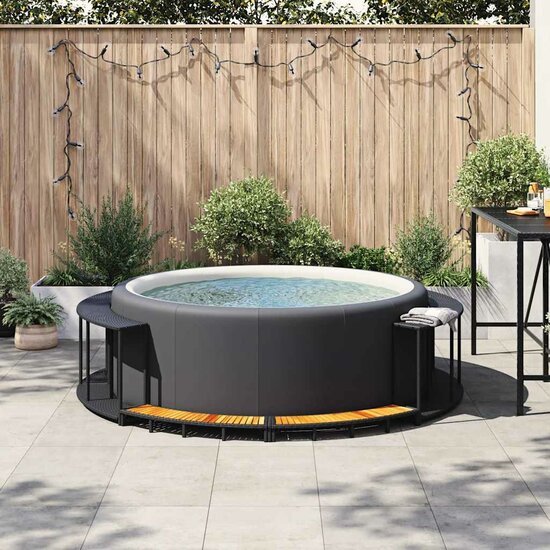 Hottub Surround Opbergruimte Houten Opstapje Poly Rattan Zwart