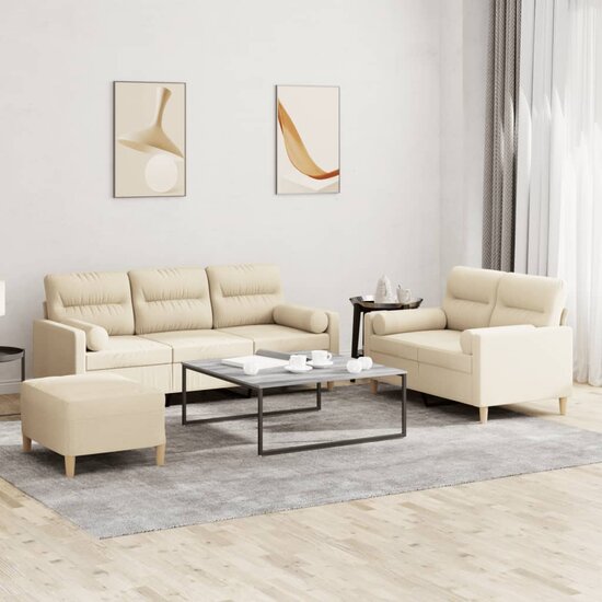 3-delige Loungeset met kussens stof cr&egrave;mekleurig