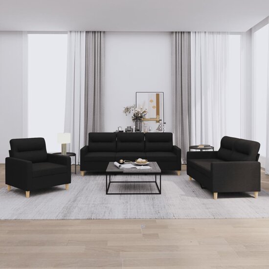 3-delige loungeset met kussens stof zwart