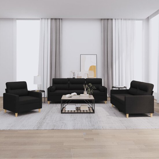 3-delige Loungeset met kussens stof zwart