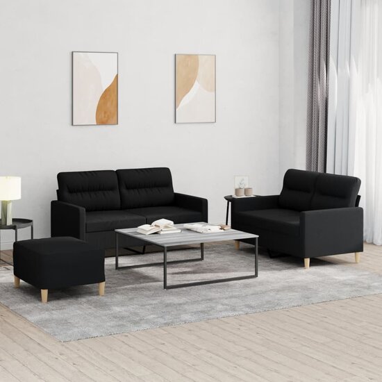 3-delige loungeset met kussens stof zwart