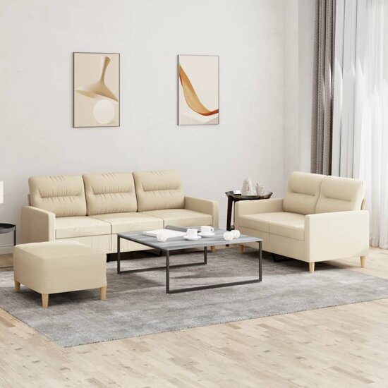 3-delige Loungeset met kussens stof cr&egrave;mekleurig