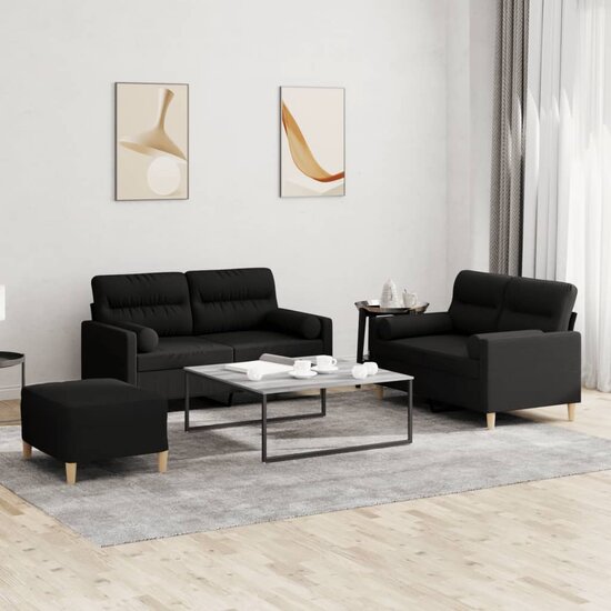 3-delige Loungeset met kussens stof zwart
