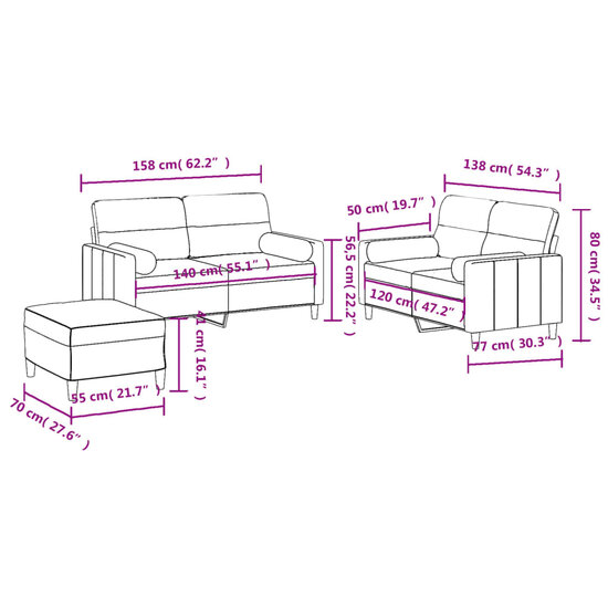 3-delige Loungeset met kussens stof zwart