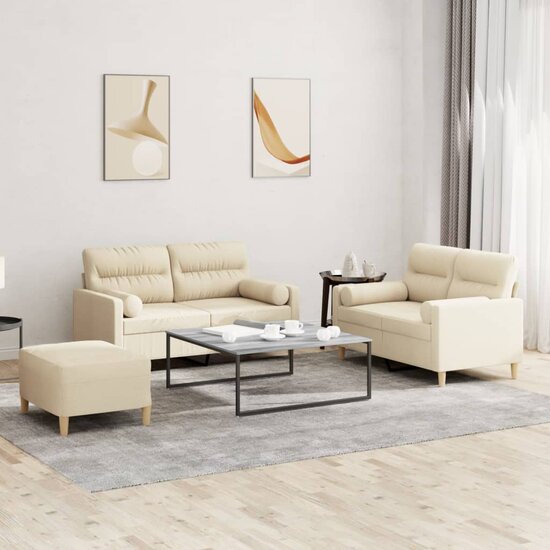 3-delige Loungeset met kussens stof cr&egrave;mekleurig