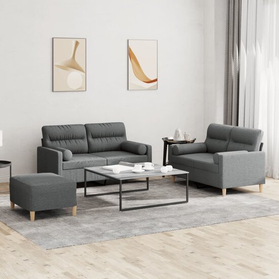 3-Delige Loungeset Met Kussens Stof Donkergrijs