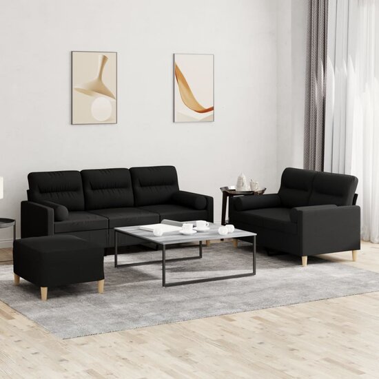 3-Delige Loungeset Met Kussens Stof Zwart