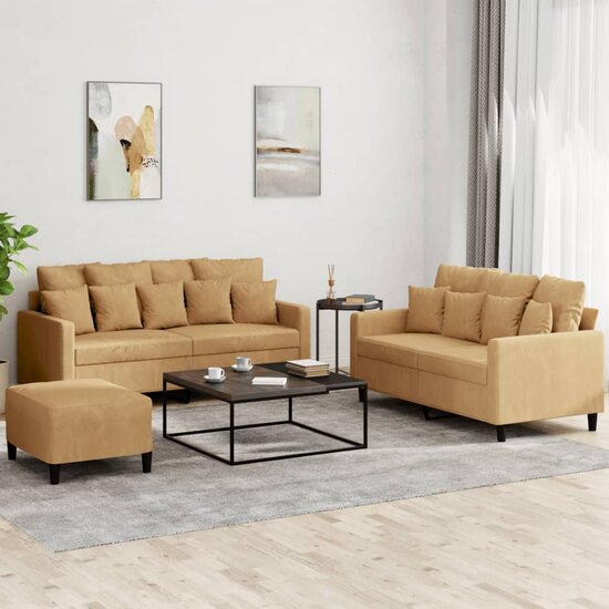 3-Delige Loungeset Met Kussens Fluweel Bruin