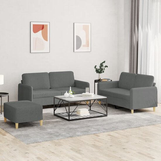 3-Delige Loungeset Met Kussens Stof Donkergrijs