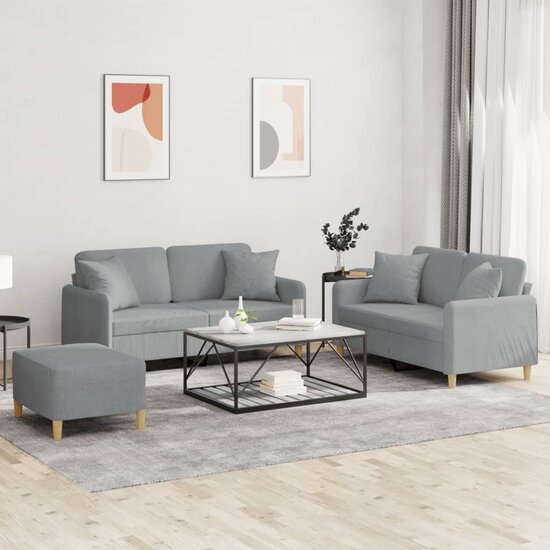 3-Delige Loungeset Met Kussens Stof Lichtgrijs