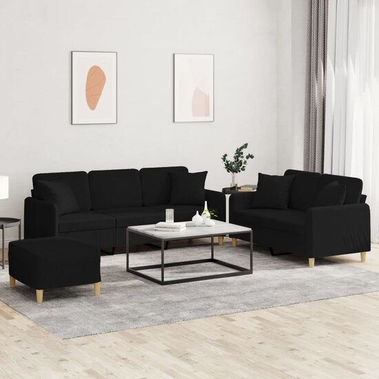 3-Delige Loungeset Met Kussens Stof Zwart